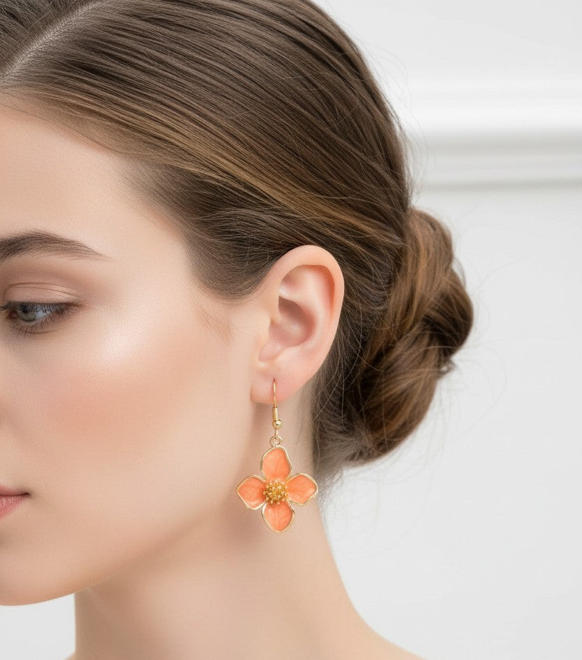Luxury Orange Enamel 4-Petal Floral Earrings